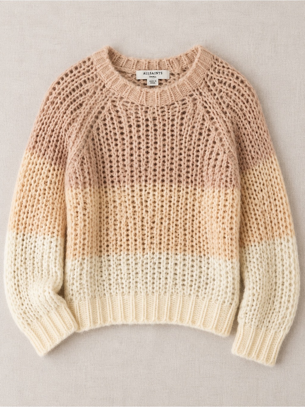 AllSaints Cream and Tan Open-Knit Crew Sweater